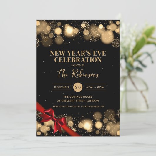 Oudejaarsavond Goud Zwart Winter Wonder Red Bow Kaart (Staand voorkant)