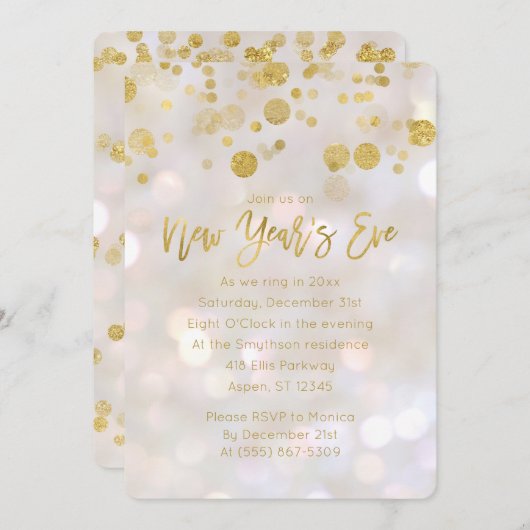 Oudejaarsavond Gouden iriserende Bokeh-uitnodiging Kaart (Voorkant / Achterkant)