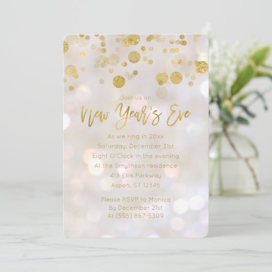 Oudejaarsavond Gouden iriserende Bokeh-uitnodiging Kaart (Staand voorkant)