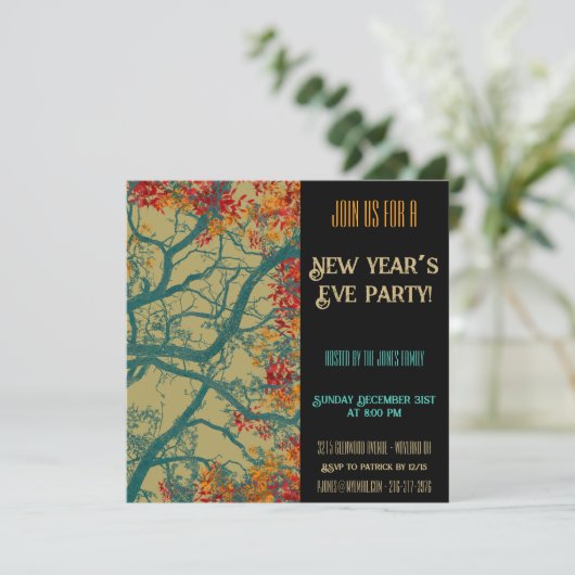 Oudejaarsavond groene boom rode bladeren kaart (Staand voorkant)