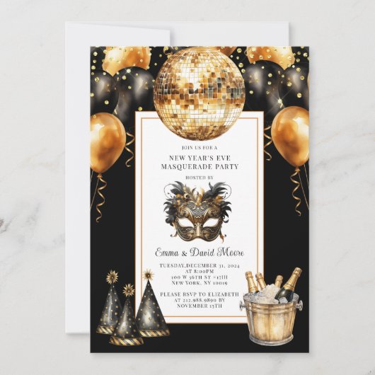 Oudejaarsavond Masquerade Party Gold Black Glitter Kaart (Voorkant)