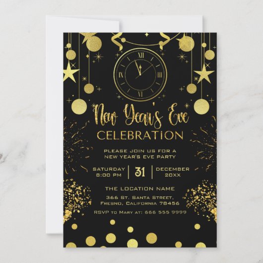 Oudejaarsavond Party Black & Gold Glitter Kaart (Voorkant)