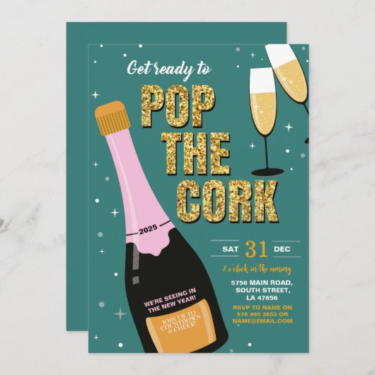 Oudejaarsavond Party Champagne Pop Kaart (Voorkant / Achterkant)