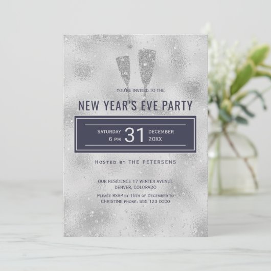 Oudejaarsavond Party Classy Elegant Zilveren Marin Kaart (Staand voorkant)