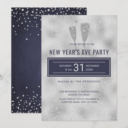 Oudejaarsavond Party Classy Elegant Zilveren Marin Kaart (Voorkant / Achterkant)