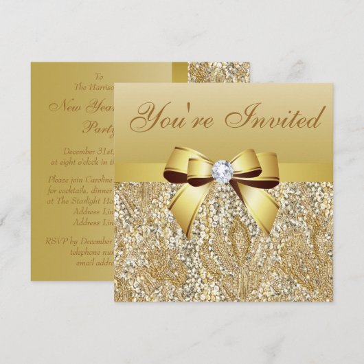 Oudejaarsavond Party Gold Sequins & Bow Kaart (Voorkant / Achterkant)
