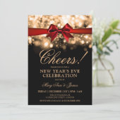Oudejaarsavond Party Gold Sparkle Lights Red Bow Kaart (Staand voorkant)