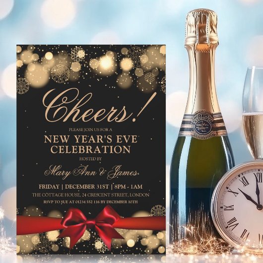 Oudejaarsavond Party Gold Winter Wonder Red Bow Kaart