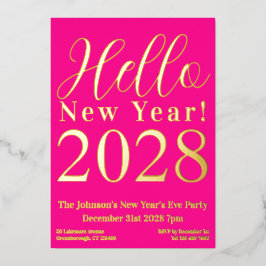 Oudejaarsavond Party Hot Pink Real Gold Folie Uitnodiging