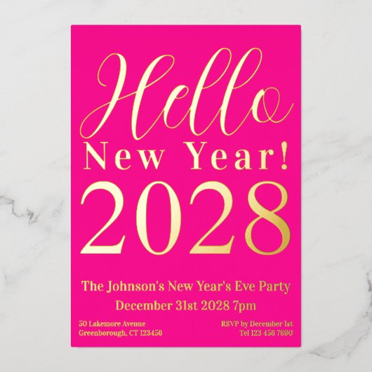 Oudejaarsavond Party Hot Pink Real Gold Folie Uitnodiging (Voorkant)