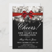 Oudejaarsavond Party Silver Sparkle Lights Red Bow Kaart (Voorkant)
