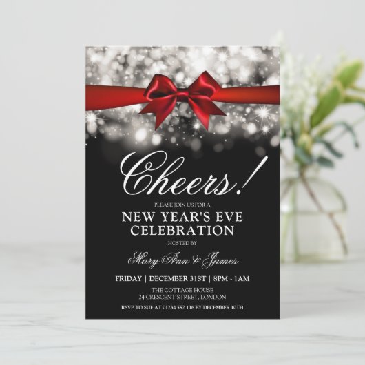 Oudejaarsavond Party Silver Sparkle Lights Red Bow Kaart (Staand voorkant)
