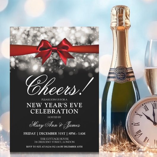 Oudejaarsavond Party Silver Sparkle Lights Red Bow Kaart