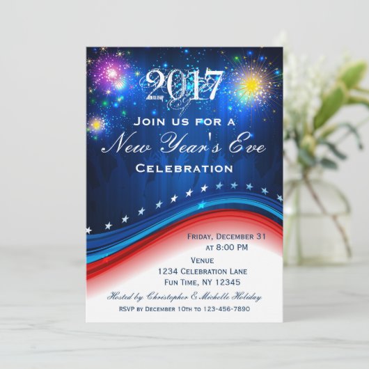 Oudejaarsavond rood wit blauw patriottische uitnod kaart (Staand voorkant)