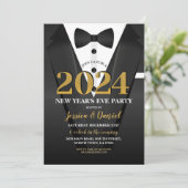 Oudejaarsavond Tuxedo Suit Goud Zwart Bow Stropdas Kaart (Staand voorkant)