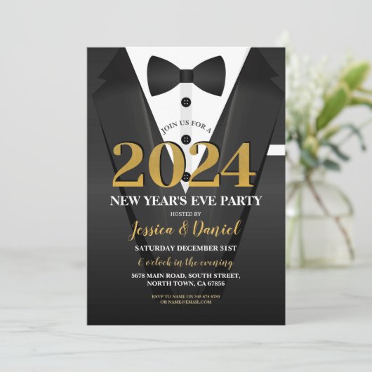Oudejaarsavond Tuxedo Suit Goud Zwart Bow Stropdas Kaart (Staand voorkant)