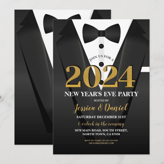 Oudejaarsavond Tuxedo Suit Goud Zwart Bow Stropdas Kaart (Voorkant / Achterkant)