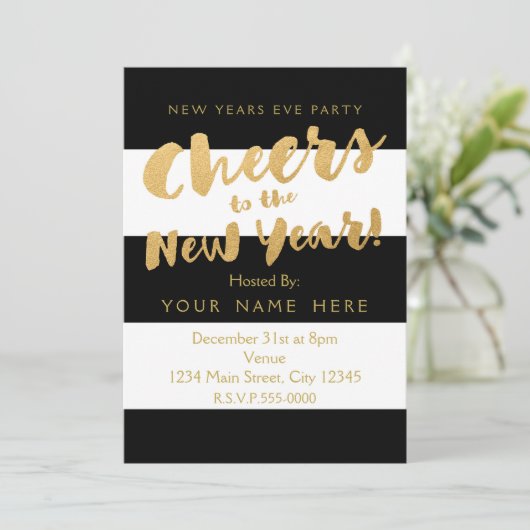 Oudejaarsavond Uitnodigingen Black White & Gold (Staand voorkant)
