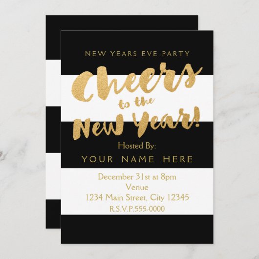 Oudejaarsavond Uitnodigingen Black White & Gold (Voorkant / Achterkant)