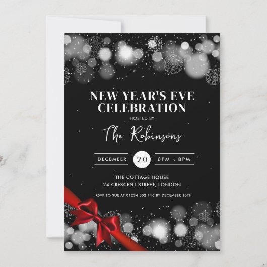 Oudejaarsavond Zilver Zwart Winter Wonder Red Bow Kaart (Voorkant)