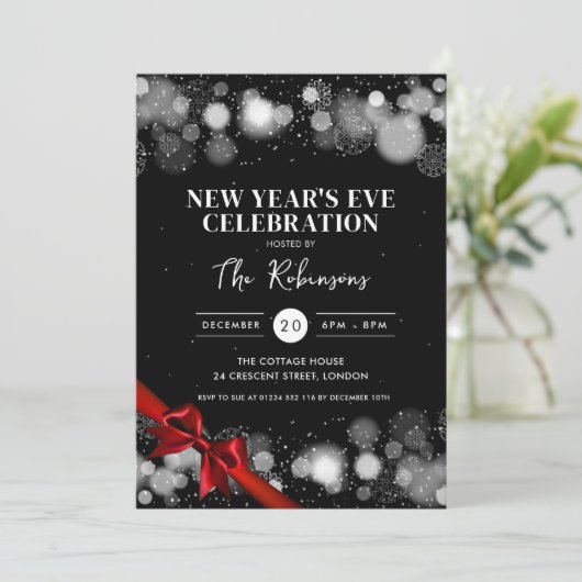 Oudejaarsavond Zilver Zwart Winter Wonder Red Bow Kaart (Staand voorkant)