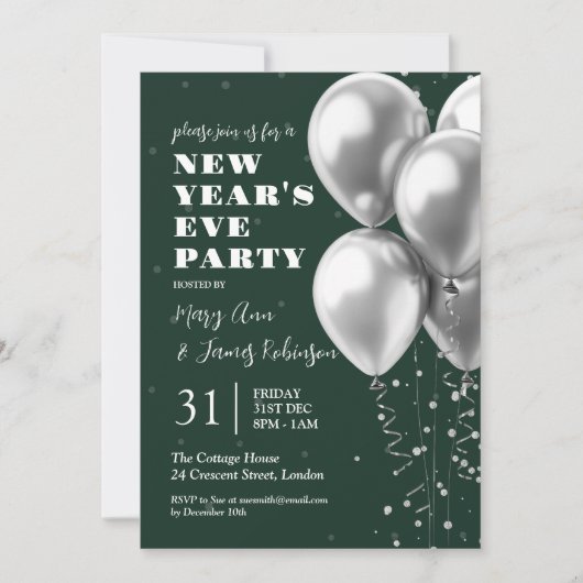 Oudejaarsavond Zilveren Confetti Ballonnen Emerald Kaart (Voorkant)