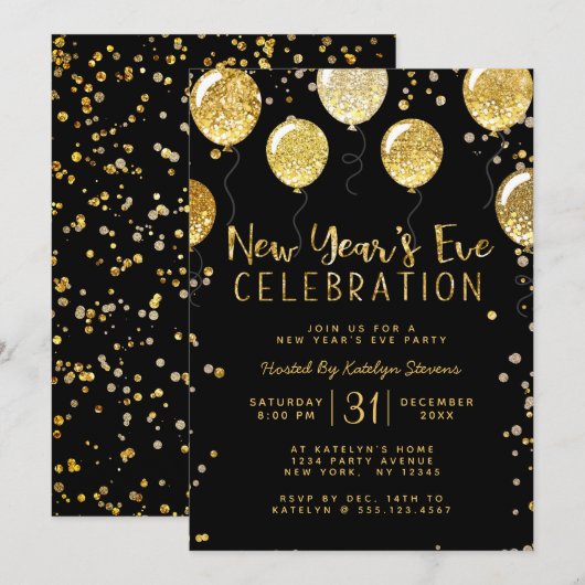 Oudejaarsfeest Black & Gold Balloon Confetti Feestdagenkaart (Voorkant / Achterkant)