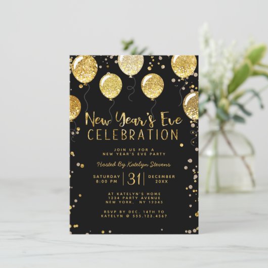 Oudejaarsfeest Black & Gold Balloon Confetti Kaart (Staand voorkant)