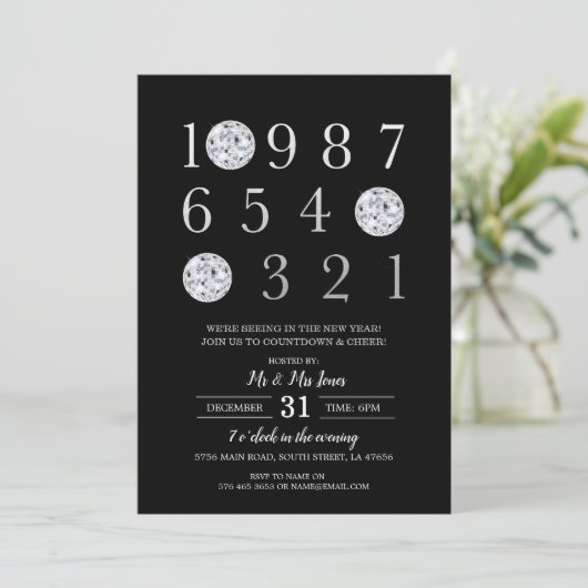 Oudejaarsfeest Black Silver Disco Ball Kaart (Staand voorkant)