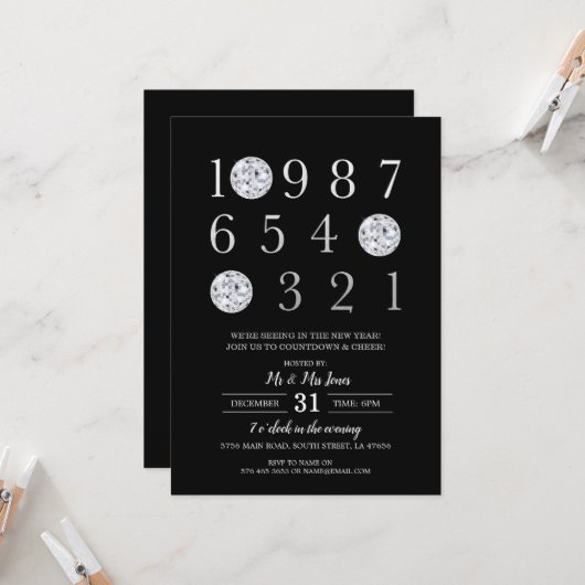 Oudejaarsfeest Black Silver Disco Ball Kaart (Voorkant / Achterkant in situ)