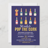 Oudejaarsfeest Champagne Bottle Pop Navy Kaart (Voorkant)