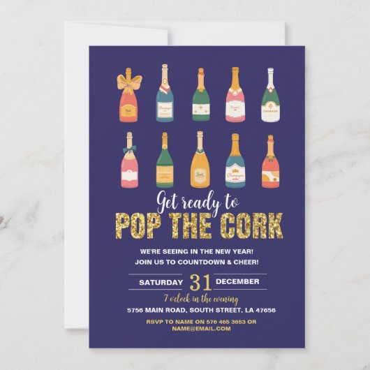 Oudejaarsfeest Champagne Bottle Pop Navy Kaart (Voorkant)