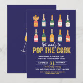 Oudejaarsfeest Champagne Bottle Pop Navy Kaart (Voorkant / Achterkant)