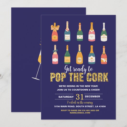 Oudejaarsfeest Champagne Bottle Pop Navy Kaart (Voorkant / Achterkant)