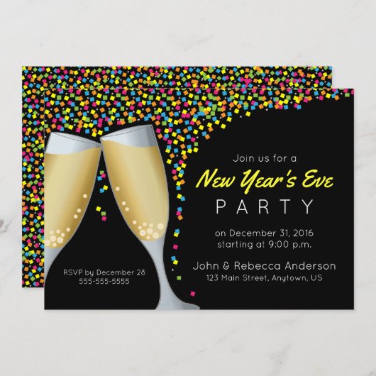 Oudejaarsfeest Champagne en Confetti nodigen uit Kaart (Voorkant / Achterkant)