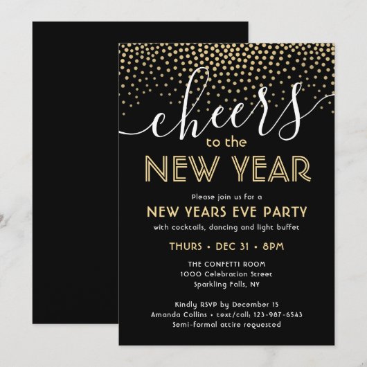 Oudejaarsfeest juicht zwarte en gouden Confetti Kaart (Voorkant / Achterkant)