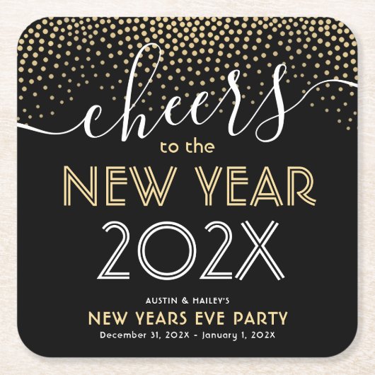 Oudejaarsfeest juicht zwarte en gouden Confetti Kartonnen Onderzetters (Voorkant)