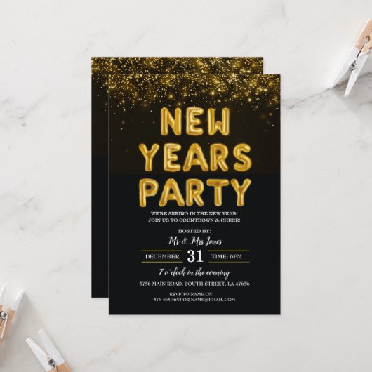 Oudejaarsfeest zwart en goud kaart (Voorkant / Achterkant in situ)