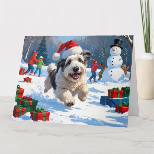 Oudengelse herdershond die rent in het Pet van Sno Kaart (Voorkant)