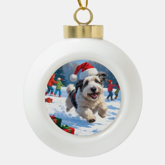 Oudengelse herdershond die rent in het Pet van Sno Keramische Bal Ornament (Voorkant)