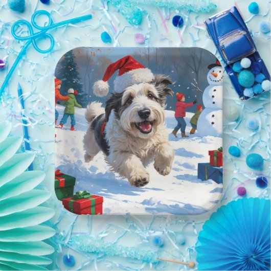 Oudengelse herdershond die rent in het Pet van Sno Papieren Bordje (Feest)