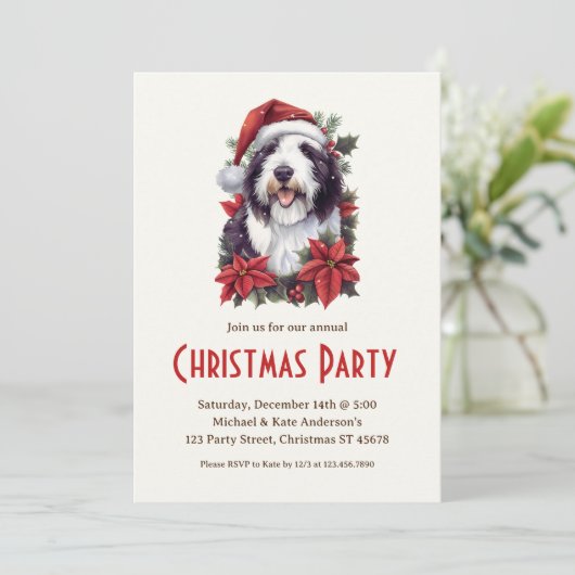 Oudengelse herdershond in kerstfeest Santa Hat Kaart (Staand voorkant)