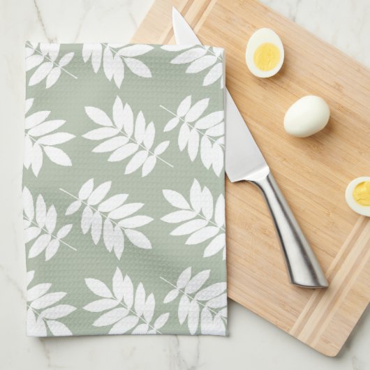 Ouder bladpatroon wit op groen theedoek (Quarter Fold)