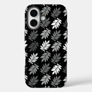 Ouder bladpatroon zwart wit grijs iPhone 16 hoesje