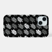 Ouder bladpatroon zwart wit grijs iPhone 15 case (Achterkant horizontaal)