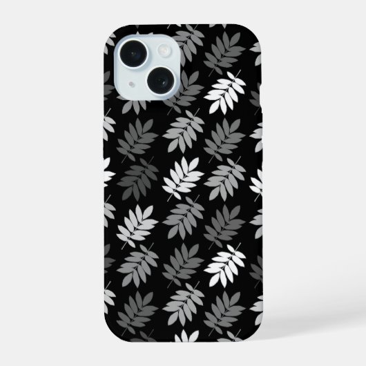 Ouder bladpatroon zwart wit grijs iPhone 15 case (Achterkant)