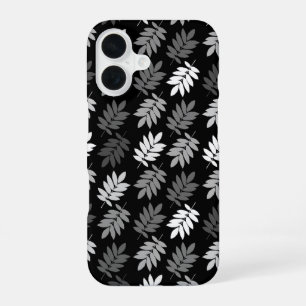 Ouder bladpatroon zwart wit grijs iPhone 16 hoesje