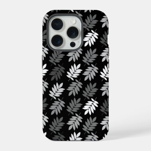 Ouder bladpatroon zwart wit grijs iPhone hoesje (Achterkant)