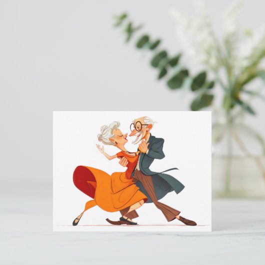 Ouder echtpaar danst gracieus in levendige kledij feestdagenkaart (Staand voorkant)