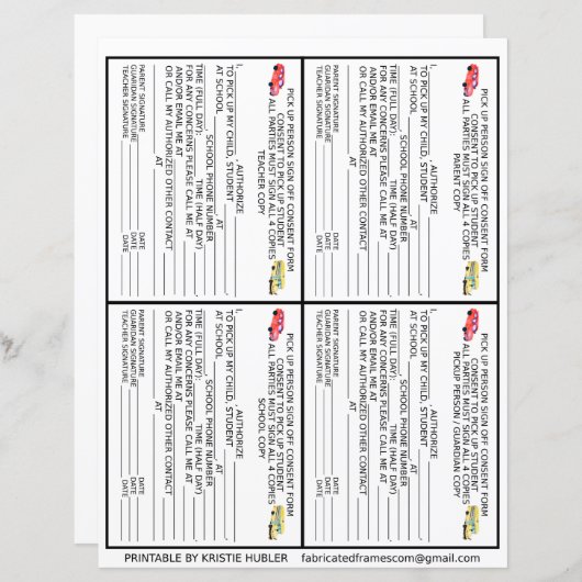 Ouder Guardian Pickup Persoon School Toestemmingsf (Voorkant / Achterkant)